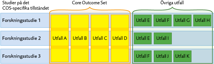 Schematisk bild av tre forskningsstudier som undersöker 6–8 utfall vardera, varav fyra är gemensamma (Core Outcome Set)