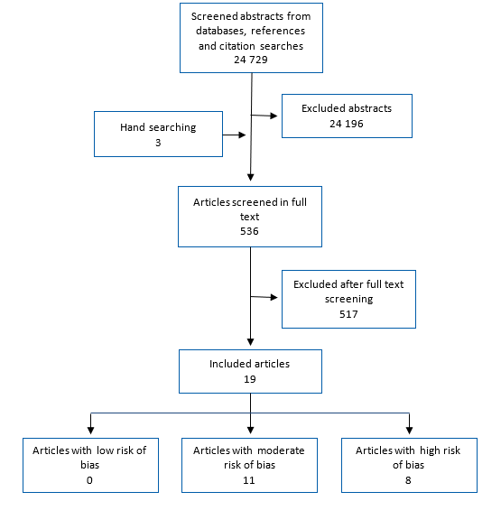 Study flowchart 24 729 records identified through database searches. After screening, we have included 11 studies with low or moderate risk for bias and 8 studies with high risk of bias.