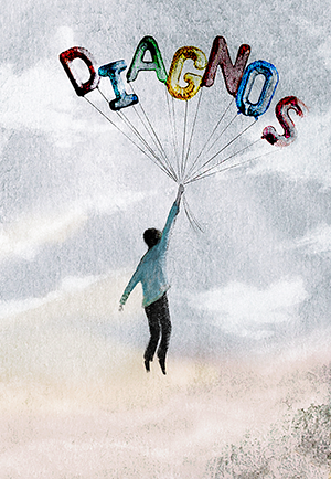 Illustration: Pojke hänger i svävande ballonger med bokstäverna DIAGNOS