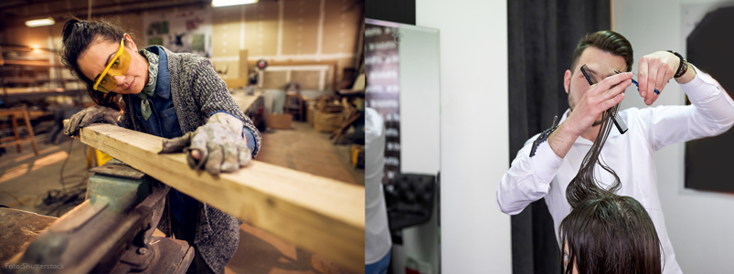 Personer som arbetar på ett sågverk och i en frisersalong