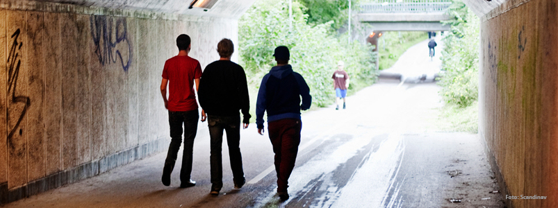 Ttre unga killar går i en tunnel full med grafitti