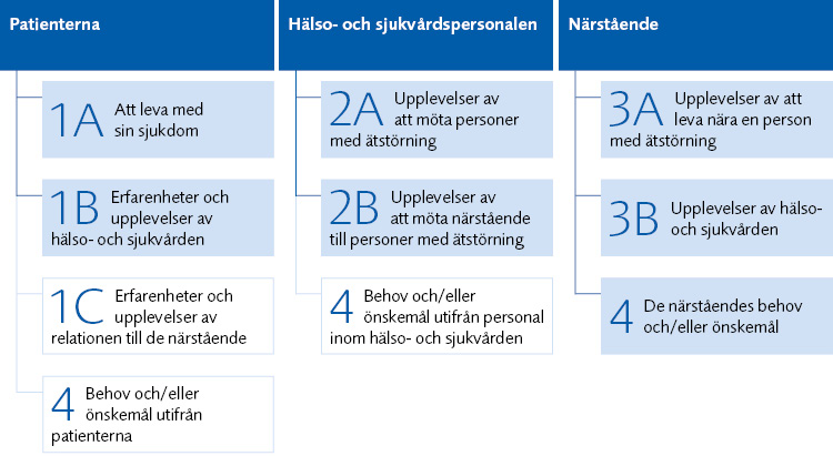 Patienterna: BLÅ: 1A Att leva med sin sjukdom; 1B Erfarenheter och upplevelser av hälso- och sjukvården; VIT: 1C Erfarenheter och upplevelser av relationen till de närstående; 4 Behov och/eller önskemål utifrån patienterna. Hälso- och sjukvårdspersonalen: BLÅ: 2A Upplevelser av att möta personer med ätstörning; 2B Upplevelser av att möta närstående till personer med ätstörning; VIT: 4 Behov och/eller önskemål utifrån personal inom hälso- och sjukvården. Närstående: BLÅ: 3A Upplevelser av att leva nära en person med ätstörning; 3B Upplevelser av hälso- och sjukvården; 4 De närståendes behov och/eller önskemål.