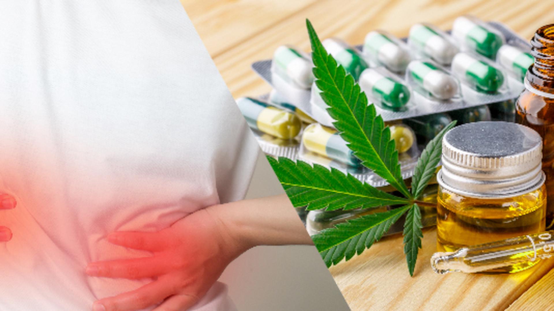 Kvinna som håller händerna på ländryggen och har ont samt cannabinoider så som tabletter och droppar
