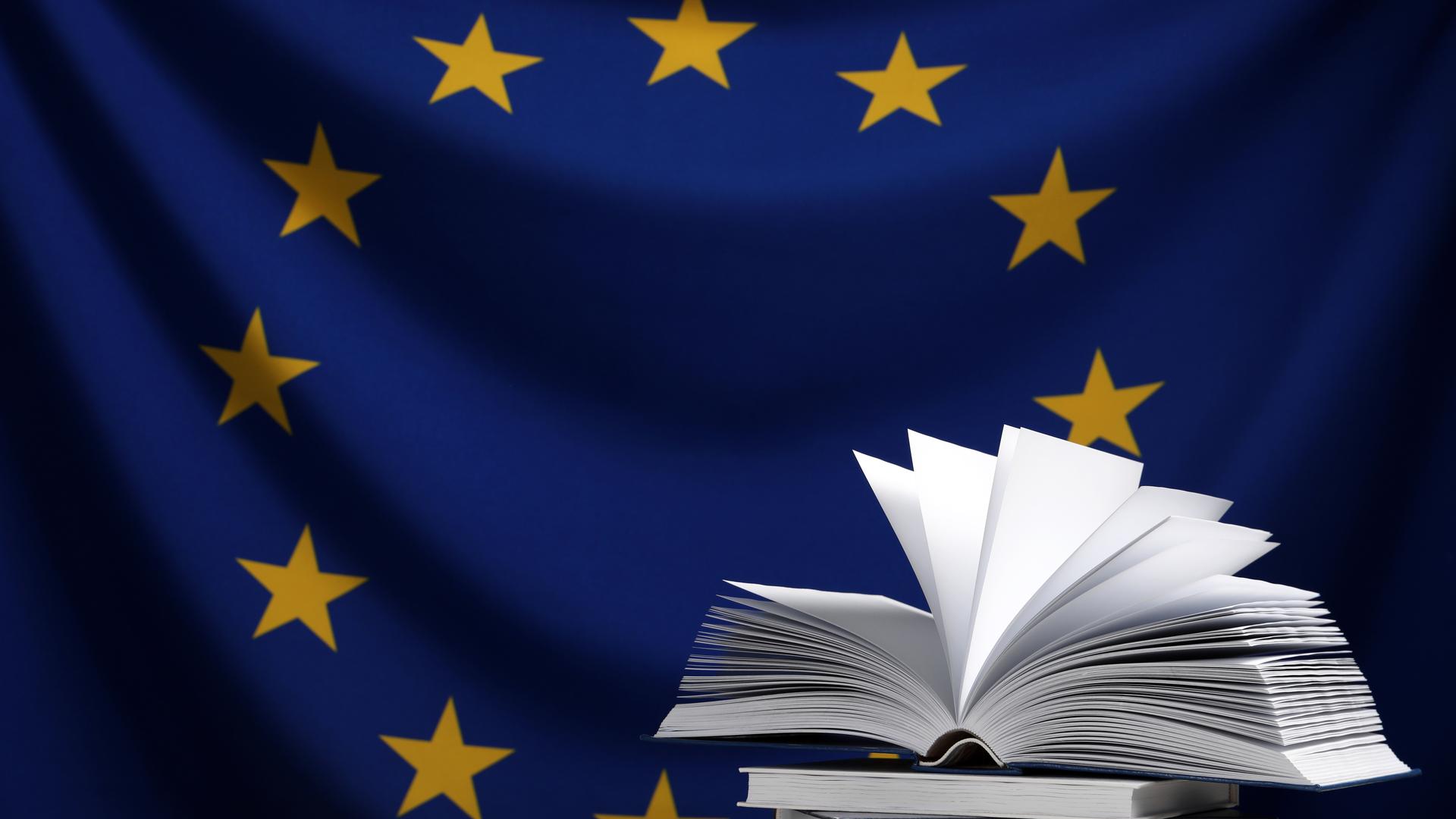 Böcker/rapporter i en hög med EU-flagga som bakgrund