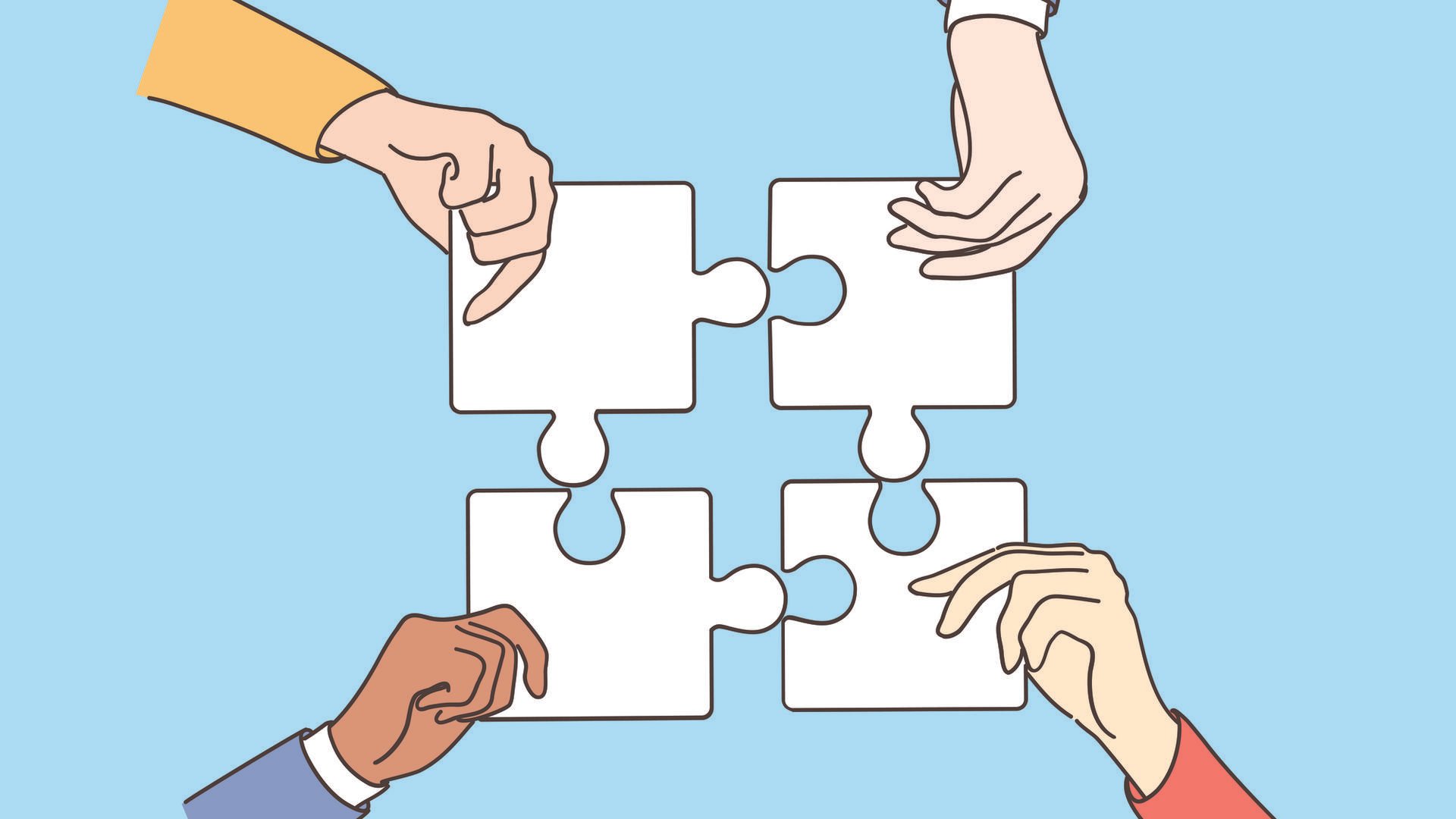 Illustration av fyra händer som håller ihop varsin pusselbit