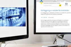Två datorskärmar varav den ena visar röntgenbild av tänder och den andra visar rapportens landningssida på webben