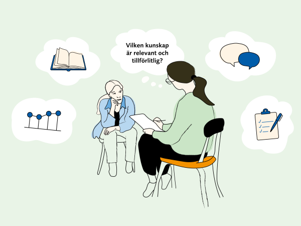 Två kvinnor sitter och pratar. Den ena säger "Vilken kunskap är relevant och tillförlitlig". Bubblor med olika föremål, så som pratbubblor, bok och checklista flyter runt de två kvinnorna. Illustratör: Emma Österman