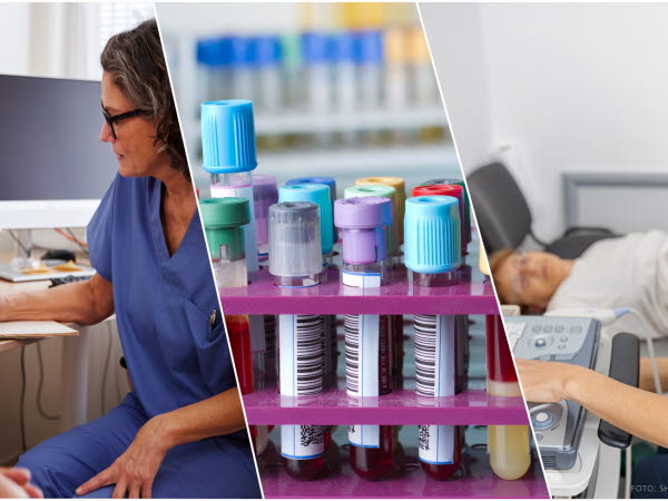 Tredelad bild med en läkare som sitter i samtal med en patient, blodprovsrör samt barnmorska som använder ultraljud på en gravid kvinna.