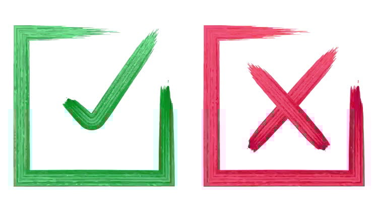En grön ruta med en grön bock och en röd ruta med ett rött kryss
